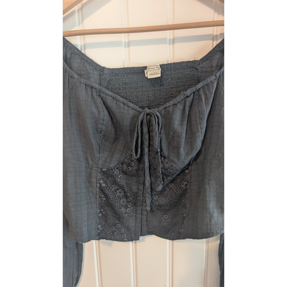 American Eagle Cropped Lace Blouse Women Large Black Boho Cottage Prairie Fairy - Picture 3 of 11